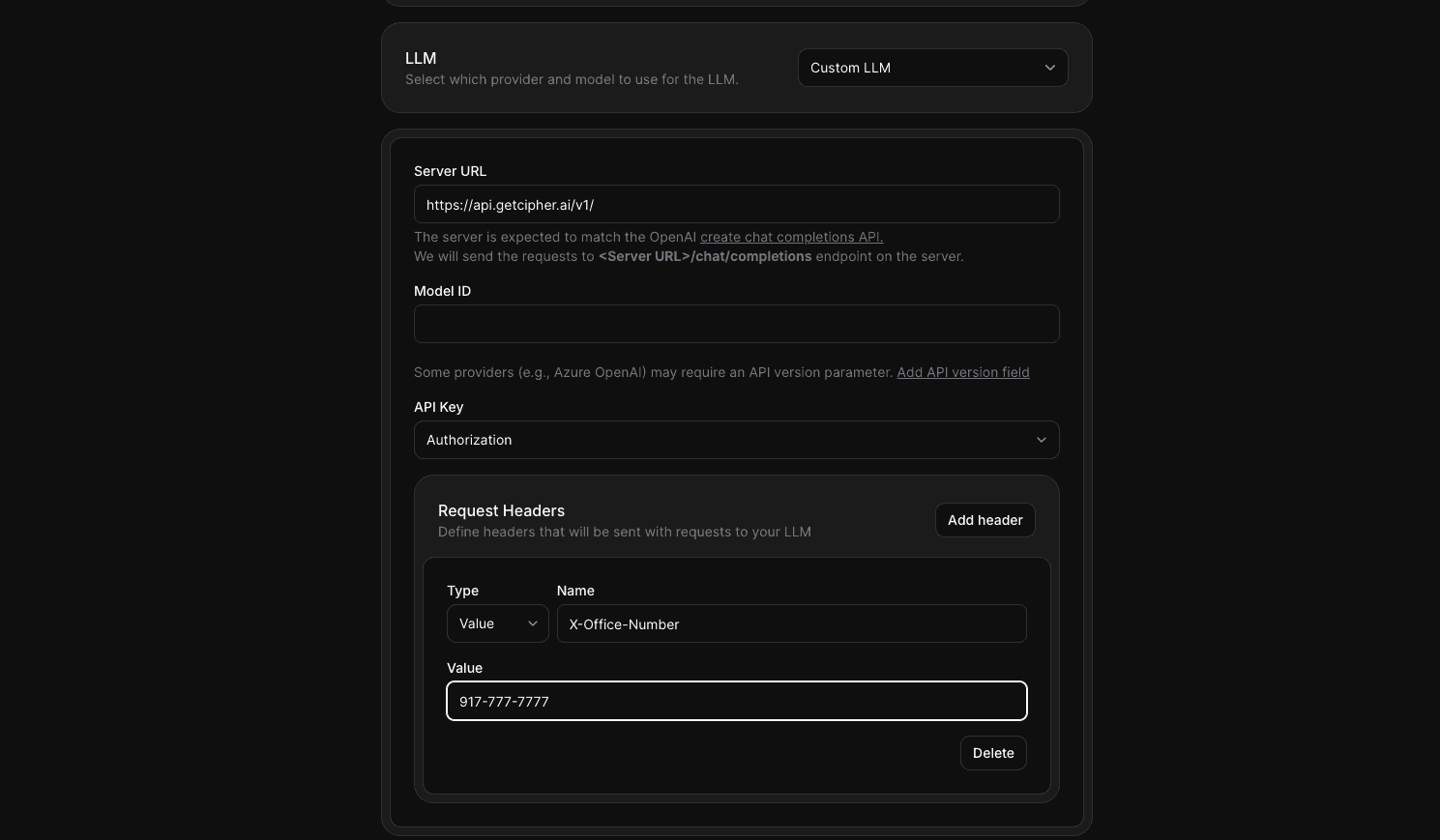 ElevenLabs custom LLM configuration