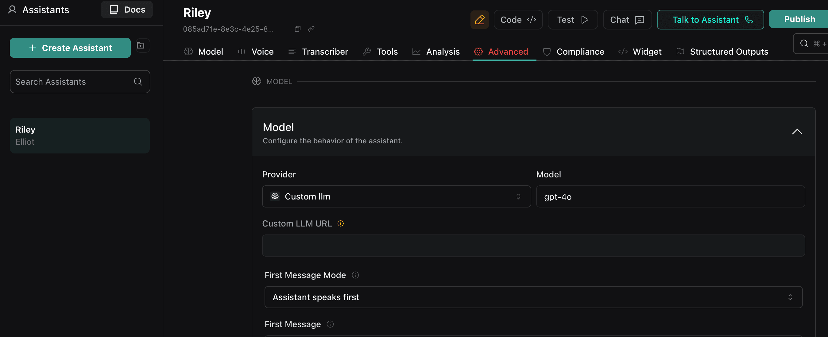 Vapi custom LLM configuration