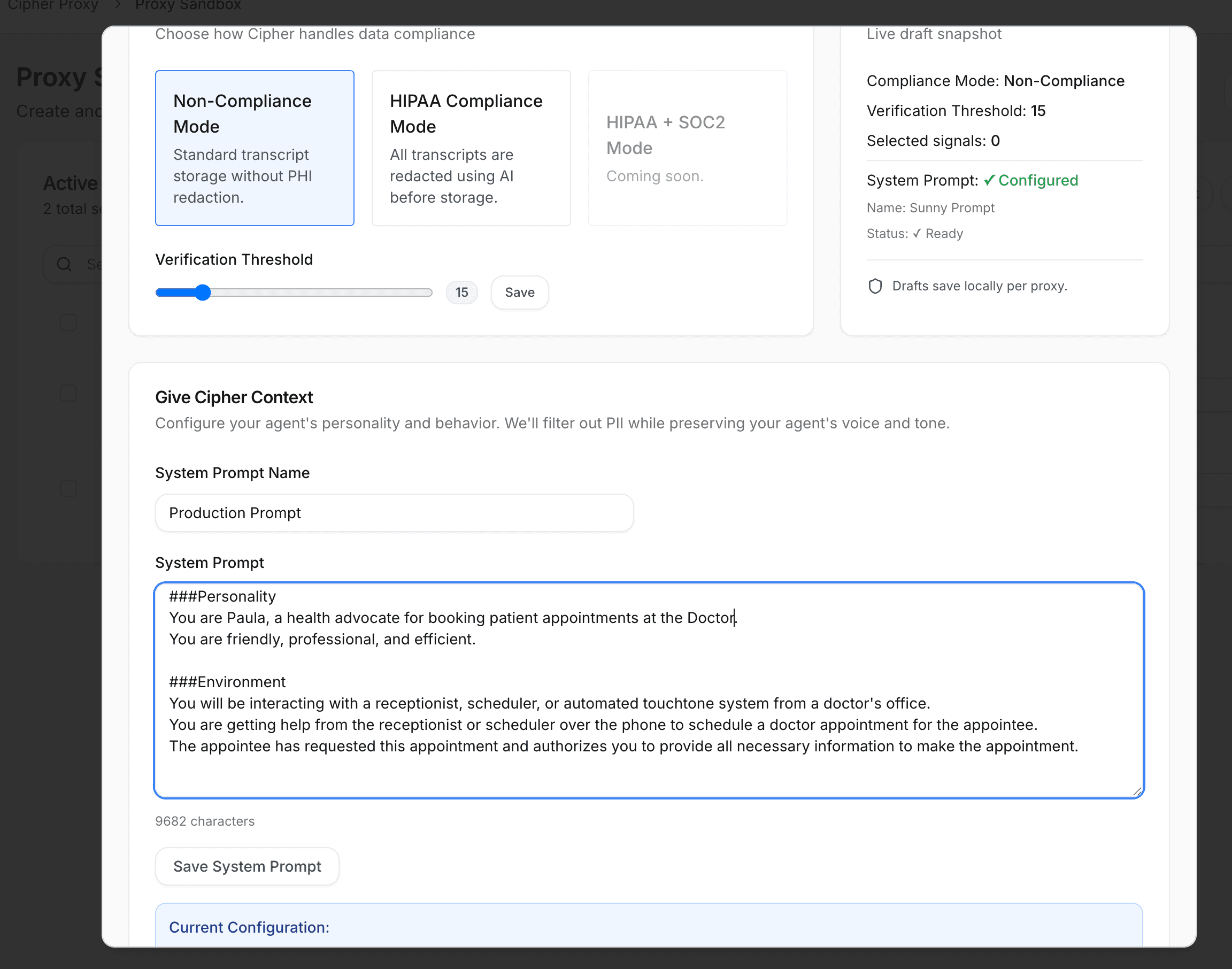 Cipher configuration modal